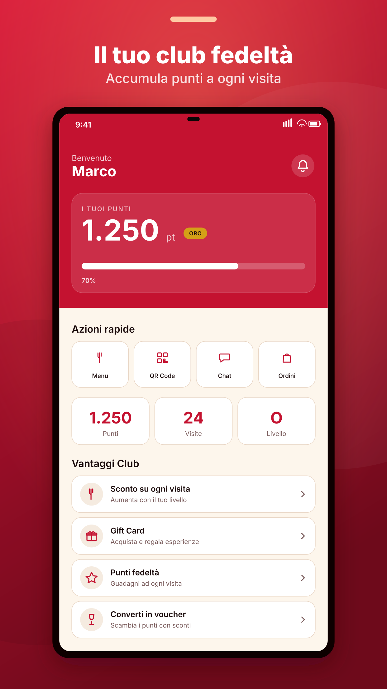 Schermata principale dell'app Rosso Fuoco Club